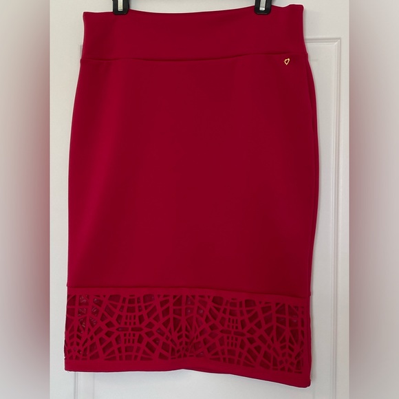 Thalia Sodi Deep Rose Red Skirt with Windowpane & Mesh Detail at Bottom - Picture 2 of 10